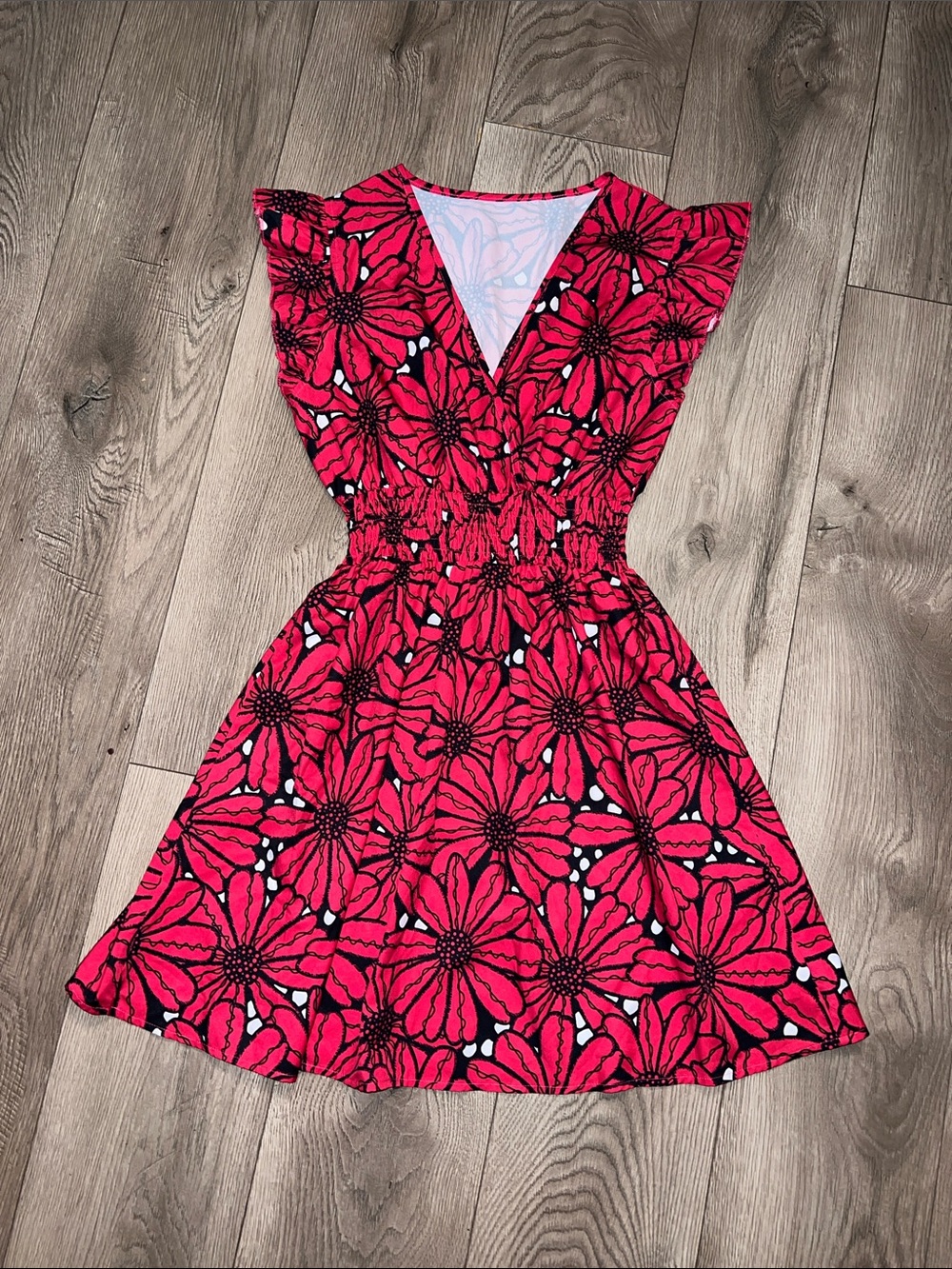 Vibrant Red Floral V-Neck Fit & Flare Dress